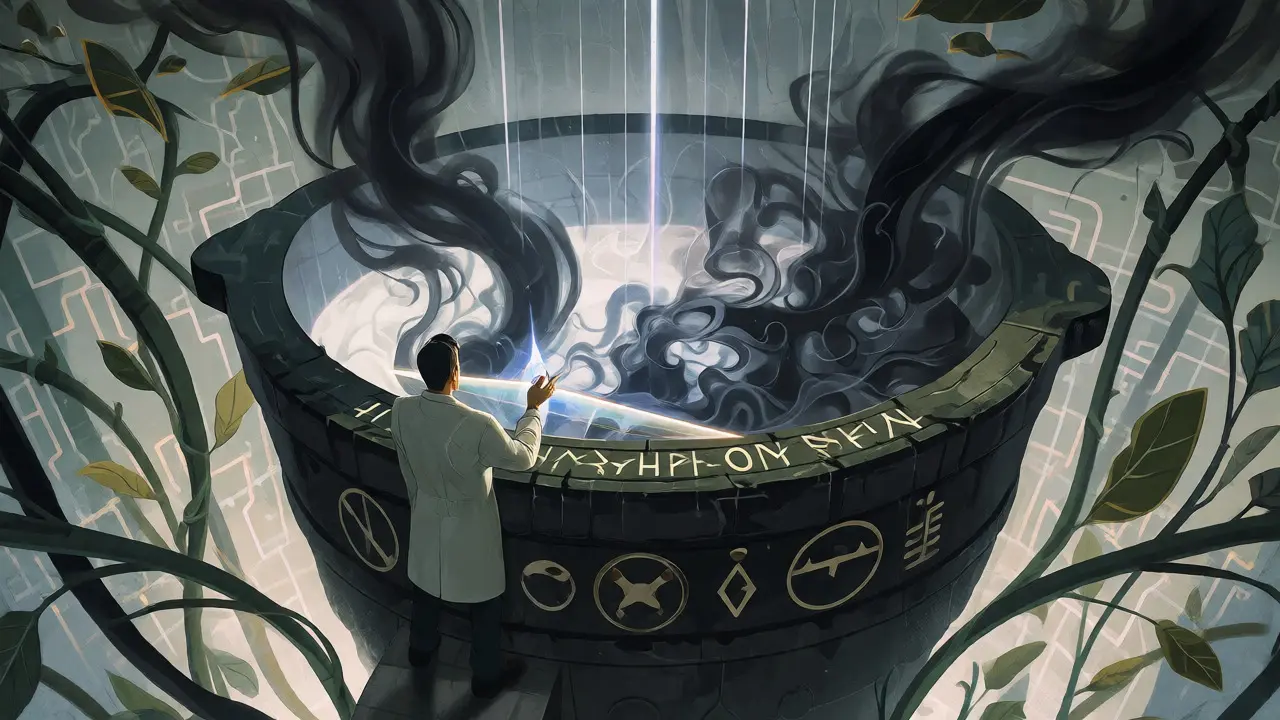 Alchemist purifying chaotic data smoke in a crucible using light and science.