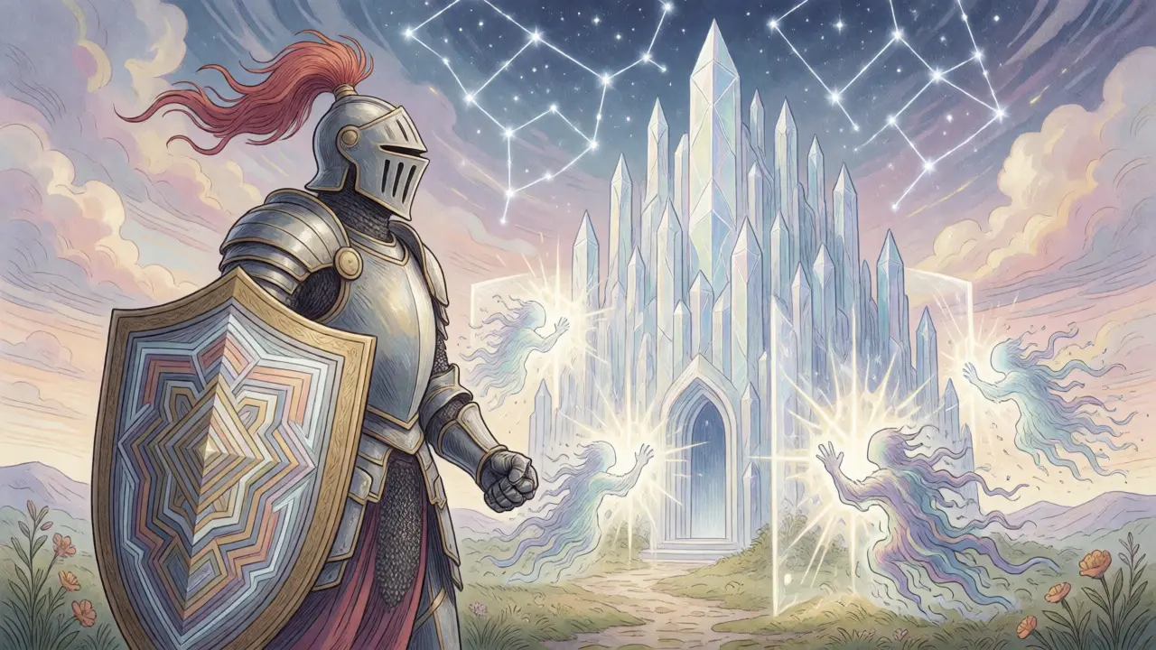 Armored knight guarding a crystal fortress against chaotic spirits.