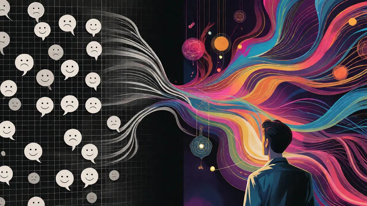 Artistic depiction comparing rigid vs. nuanced AI sentiment analysis emotions