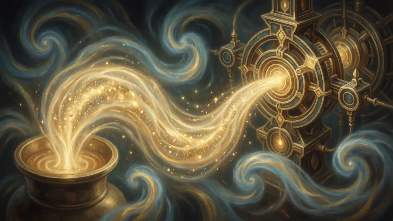 Artistic depiction of data streaming from a complex machine to a user, visualizing smooth token generation and batching.