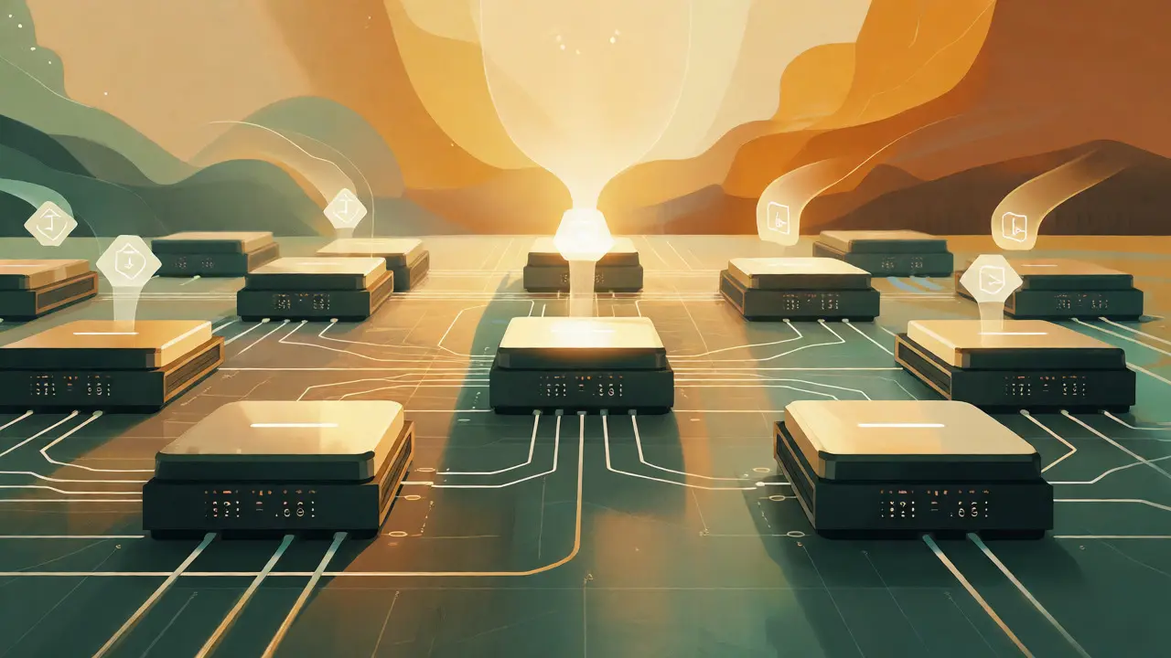 Balanced illustration of optimized GPU nodes emitting warm light, representing stable and cost-efficient scaling.
