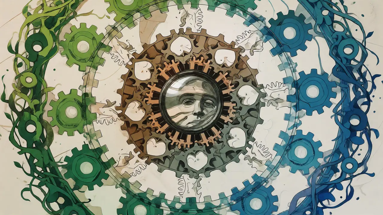 Circular mandala illustration with gears and vines showing the refinement of AI outputs through human feedback loops.