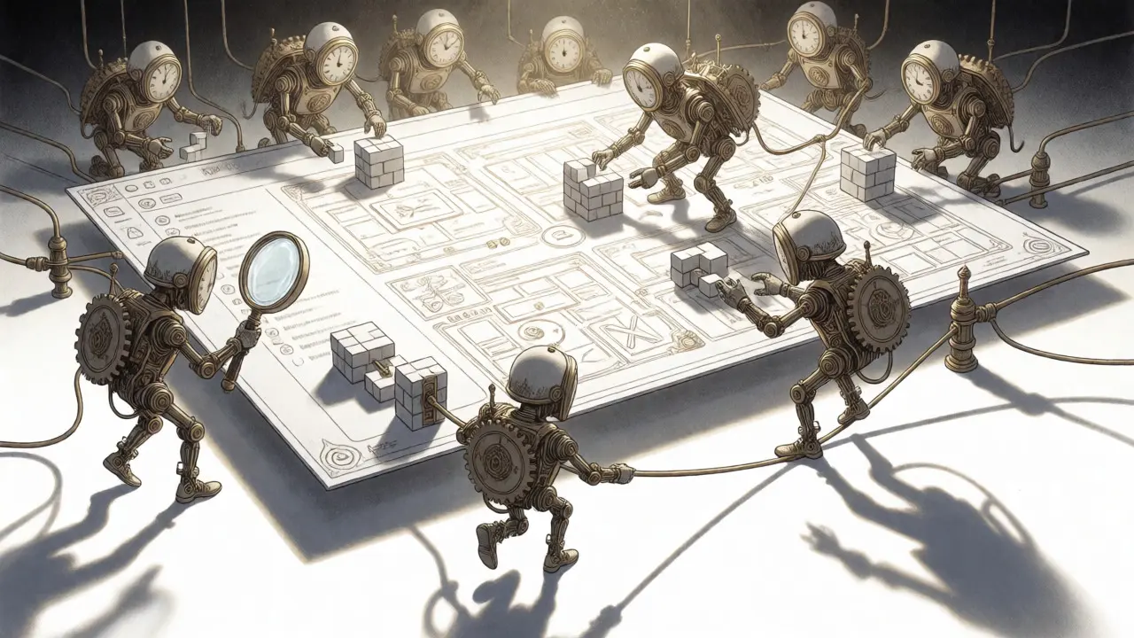 Clockwork agents assembling a digital interface blueprint in detailed line art.