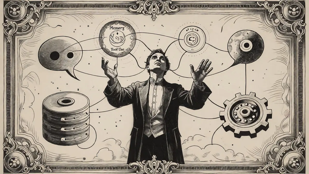 Detailed illustration of an agent figure connecting planning, memory, and tools via ethereal threads.