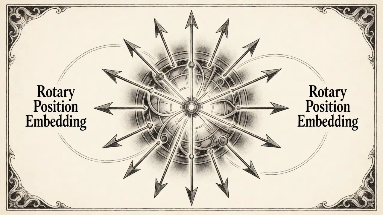 Detailed pen-and-ink art of rotating gears and vectors representing rotary position embeddings