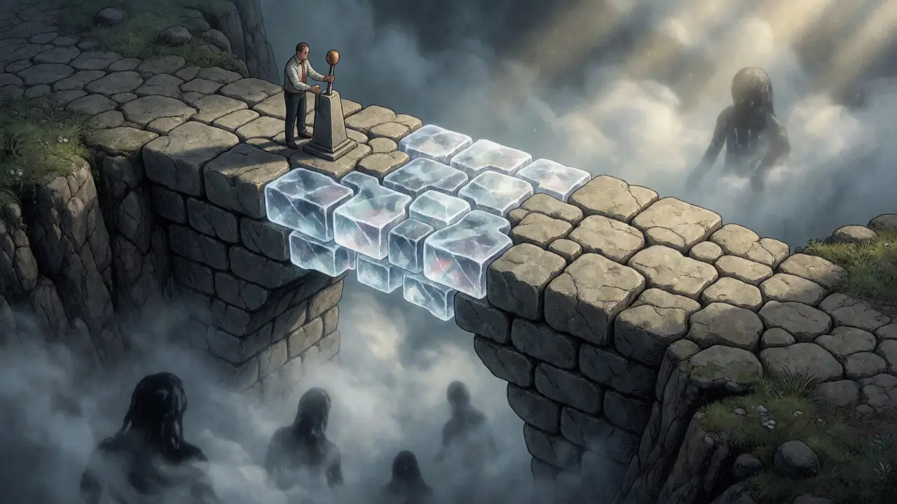 Developer building a sturdy stone bridge over a misty chasm of uncertainty