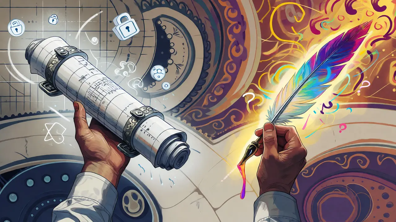 Developer holding ornate architect blueprint and vibrant junior quill at a stylistic crossroads.
