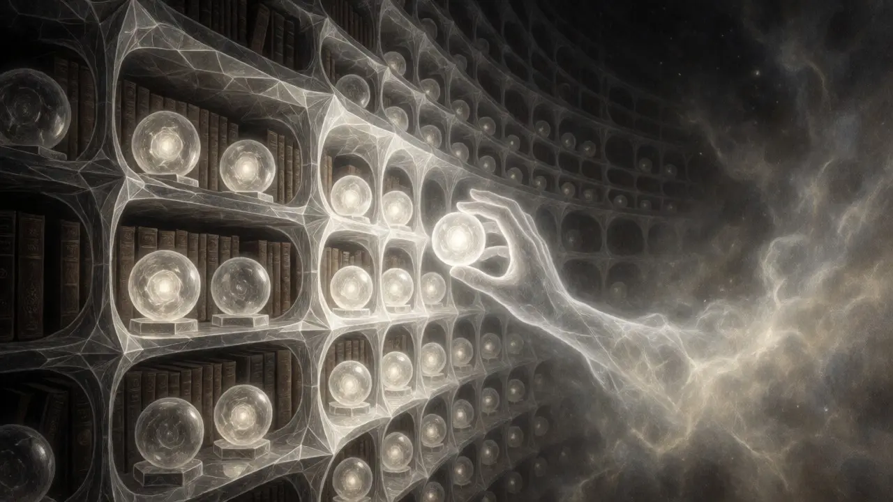 Dreamlike illustration of a crystal library representing KV caching, with glowing orbs storing computed attention vectors.
