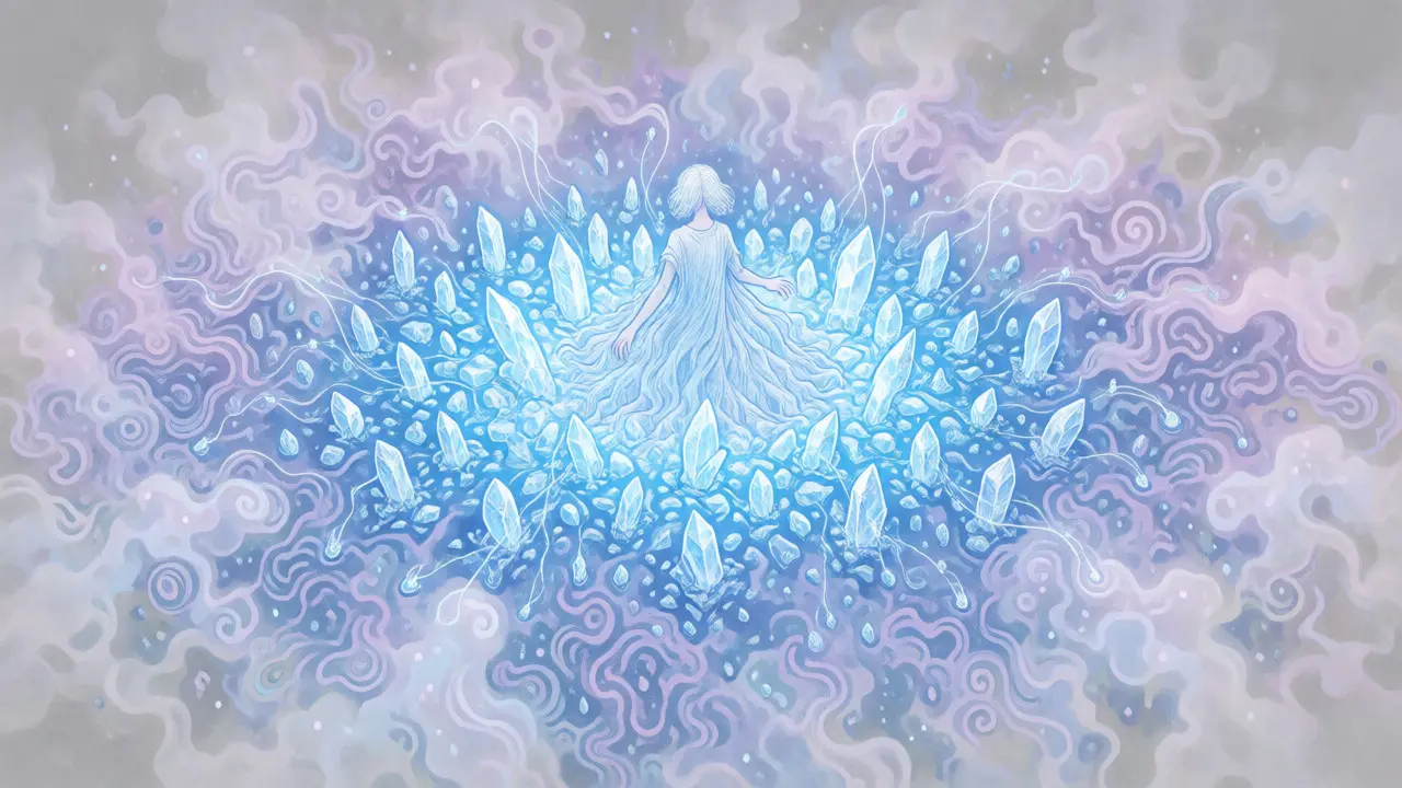 Ethereal figure with layered crystal and mist structures representing hierarchical AI memory.