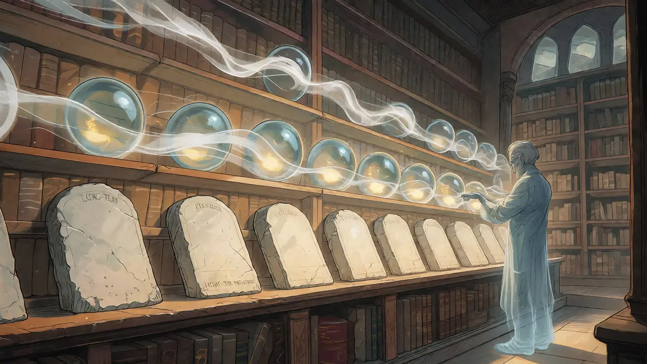 Ethereal library showing layered memory systems from volatile to permanent.