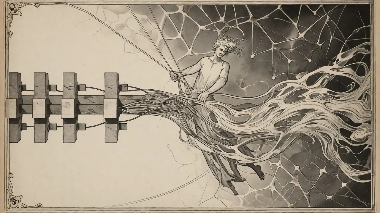 Ethereal weaver blending rigid and fluid data streams to verify semantic meaning.