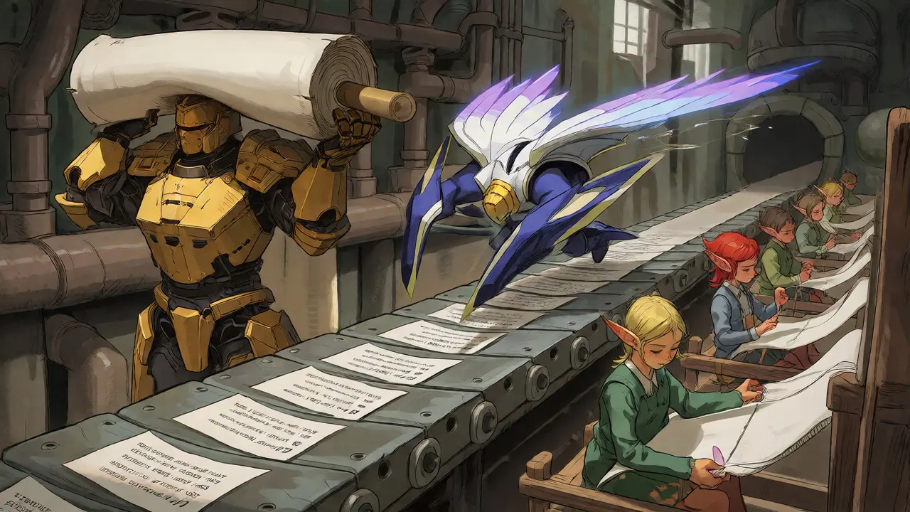Fantastical factory scene with a golden knight, winged scribe, and elves representing different AI model types working on tasks.