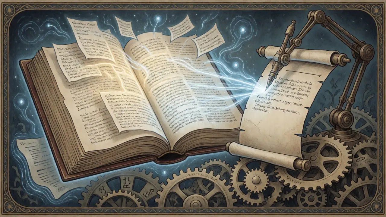 Fantasy art depicting RAG technology linking document evidence to generated answers.