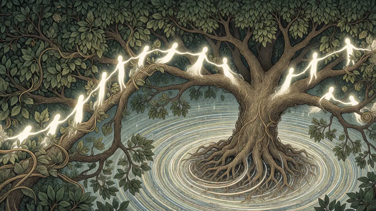 Fantasy illustration of a tree with linked spirits showing contextual positional memory