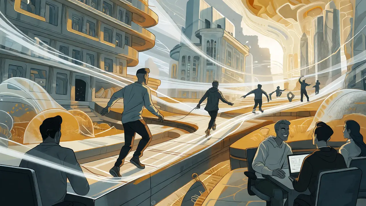 Harmonious human-AI collaboration within a structured, luminous digital landscape.