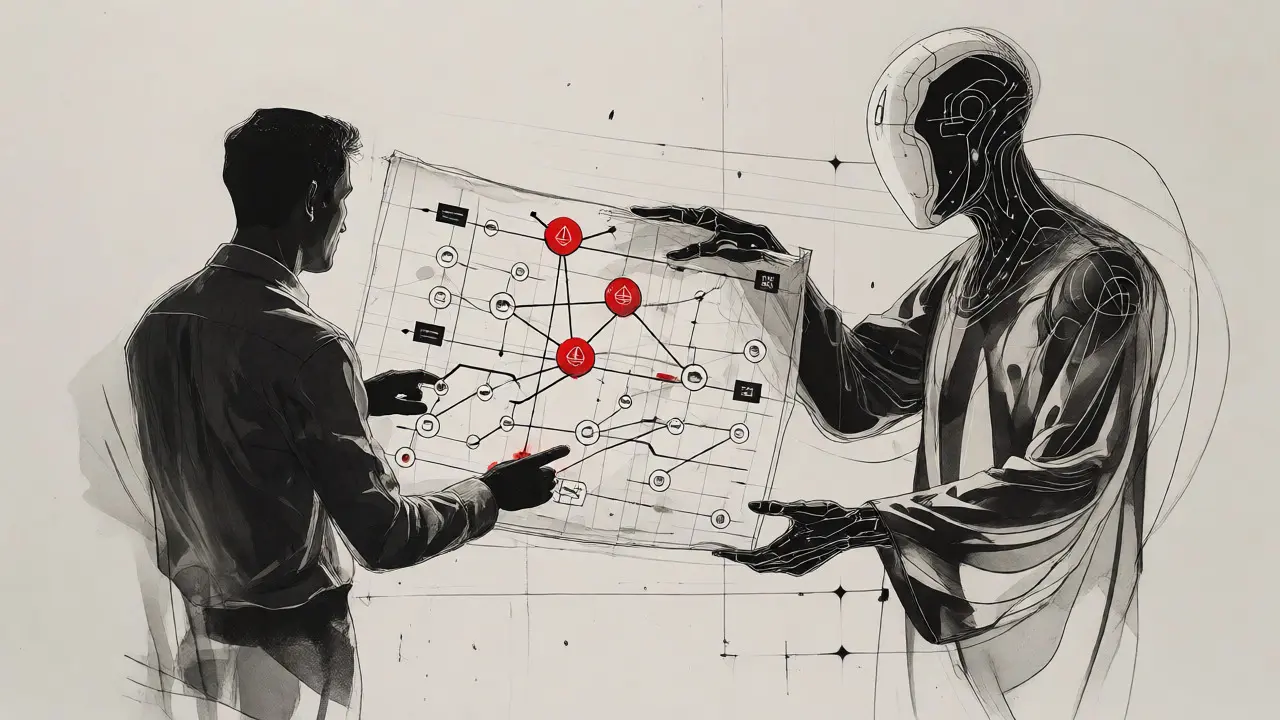 Human and AI figures collaborating to fix architectural flaws in a living blueprint.
