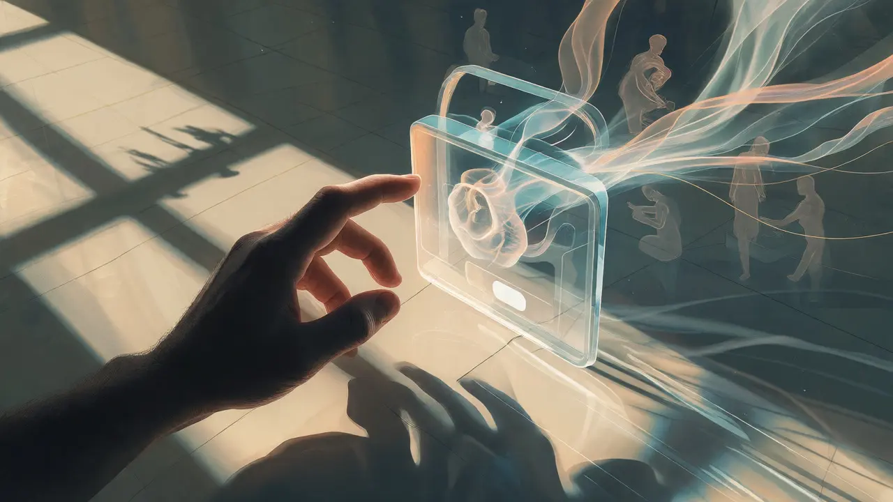 Human hand guiding a luminous digital entity in a serene, abstract setting.