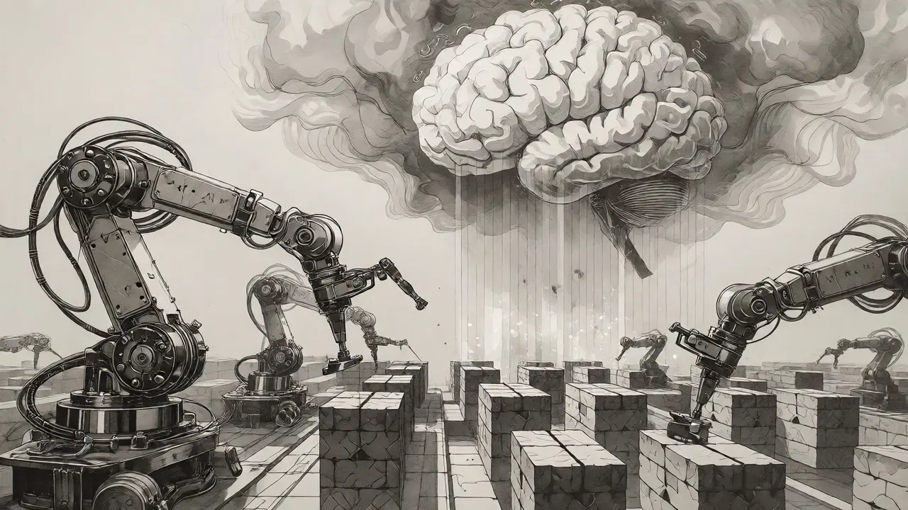 Hybrid scene showing robotic arms working under the guidance of a large, guiding brain cloud.