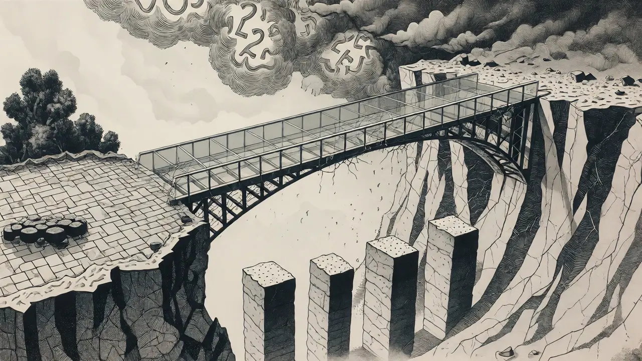 Illustration of a cracking glass bridge over a chaotic chasm, symbolizing transformer failure during real-world data shifts.
