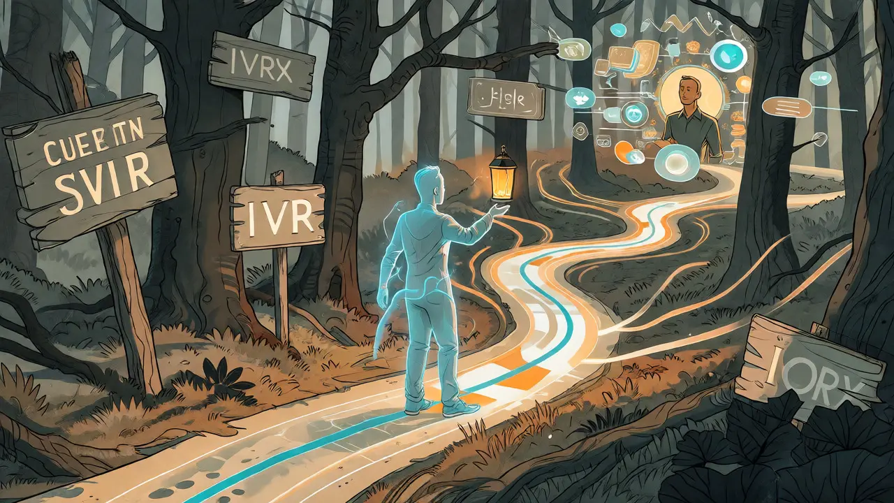 Illustration of AI-guided intelligent call routing through a stylized path