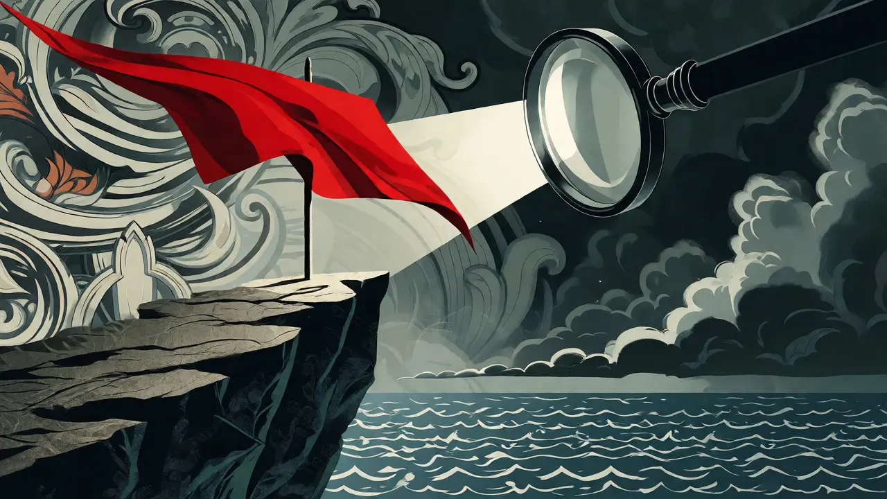 Red risk flag on cliff highlighted by magnifying lens