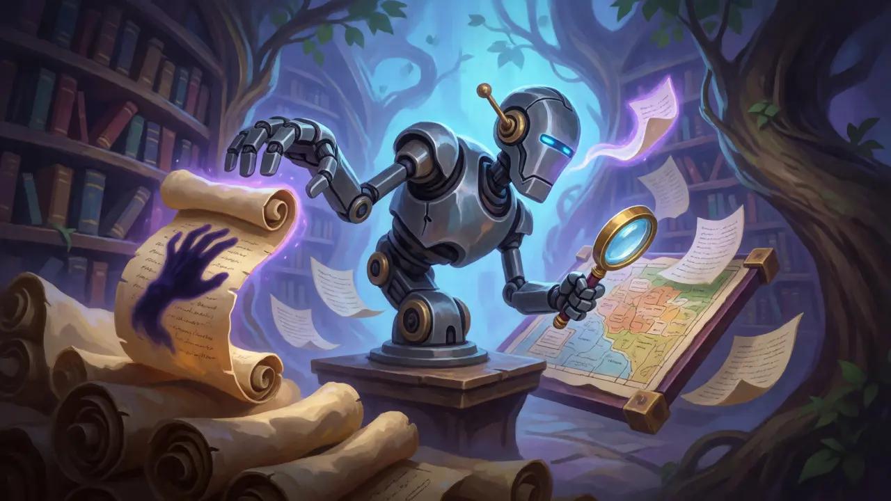 Robotic arm influenced by shadowy hands emerging from retrieved scrolls.
