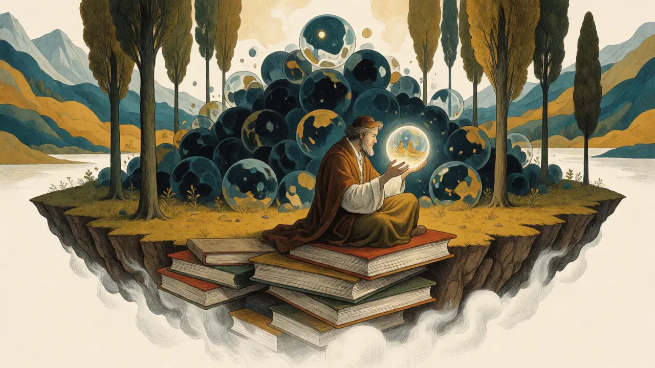 Scholar holding a concentrated data orb amidst dissolving books