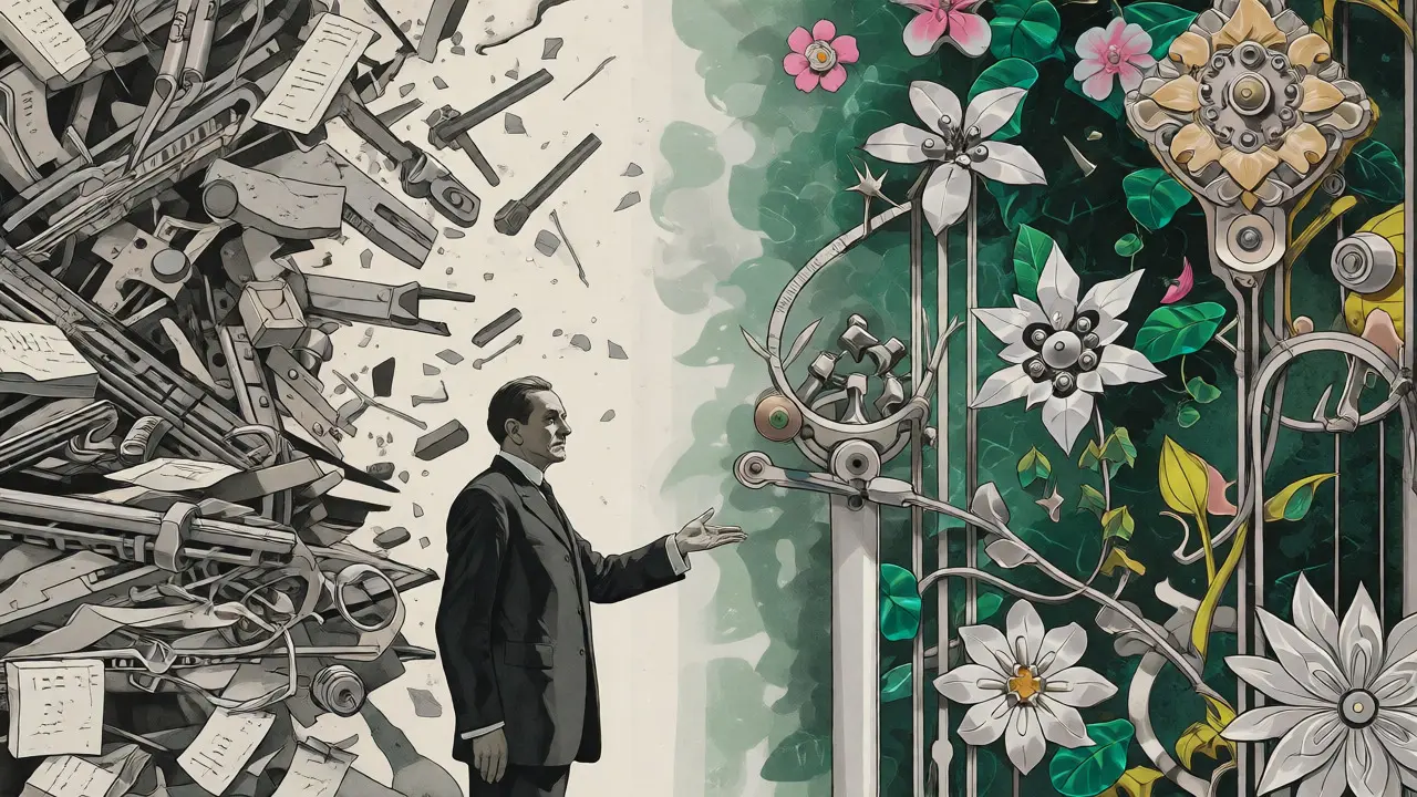 Split scene contrasting chaotic tactical tools with a harmonious strategic garden.