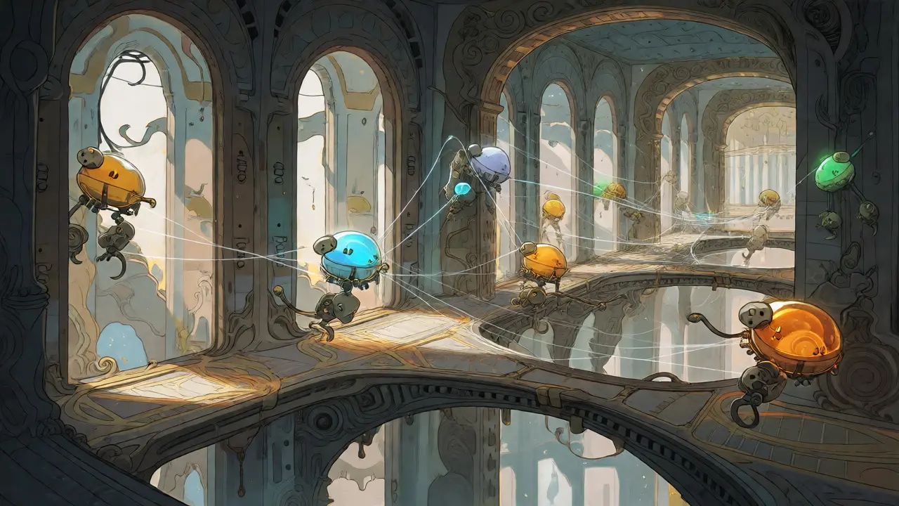 Whimsical drawing of internal microservices connected by a service mesh with sidecar helpers.