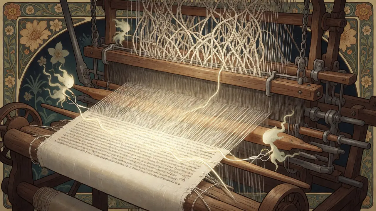 Whimsical mechanical loom weaving efficient language token threads