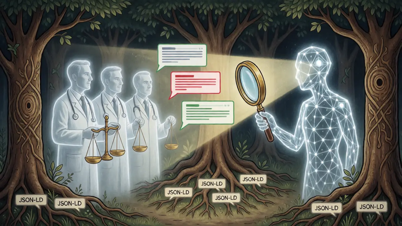 Whimsical scene showing AI verifying statements against expert consensus.
