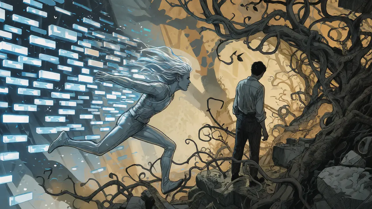 A contrast between fast AI code generation and tangled technical debt vines.