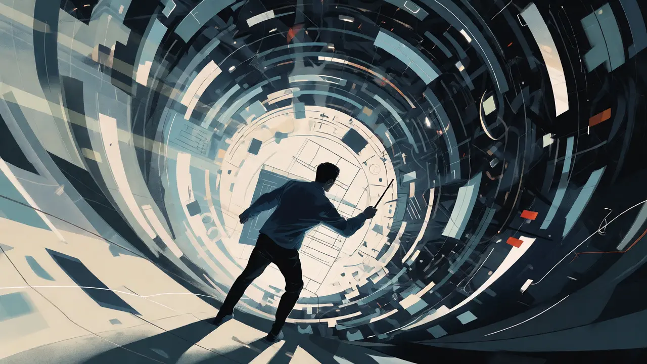 A figure using a blueprint to organize a swirling vortex of abstract digital shapes and symbols.