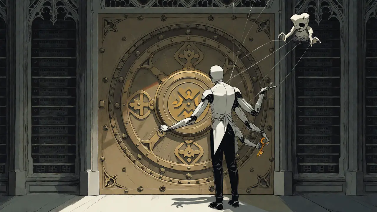 A multi-armed robotic agent manipulated by a puppeteer near a vault, symbolizing privilege escalation.