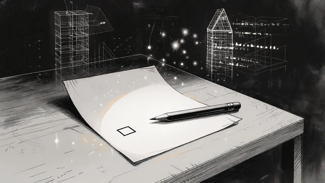 A simple checkbox on a paper glowing brightly against a background of fading complex structures.