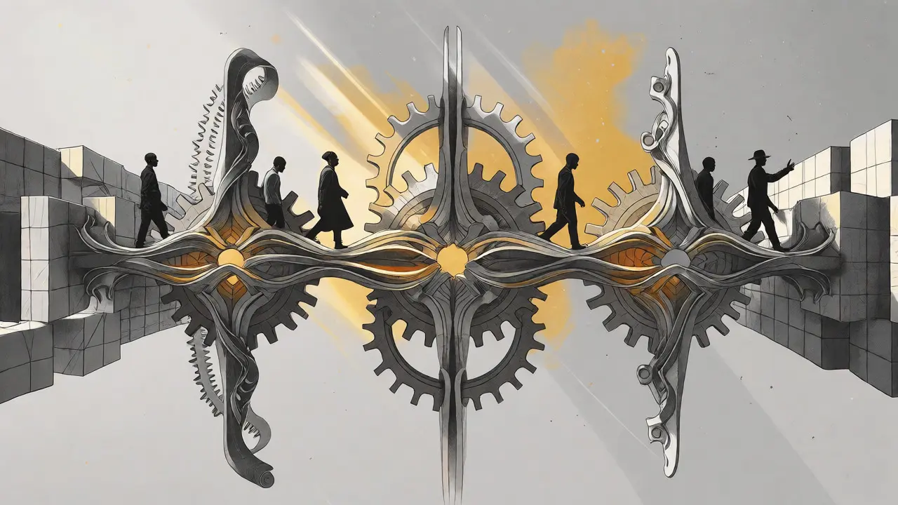 Abstract mechanical structures bridging humans and AI data with harmonious flow.