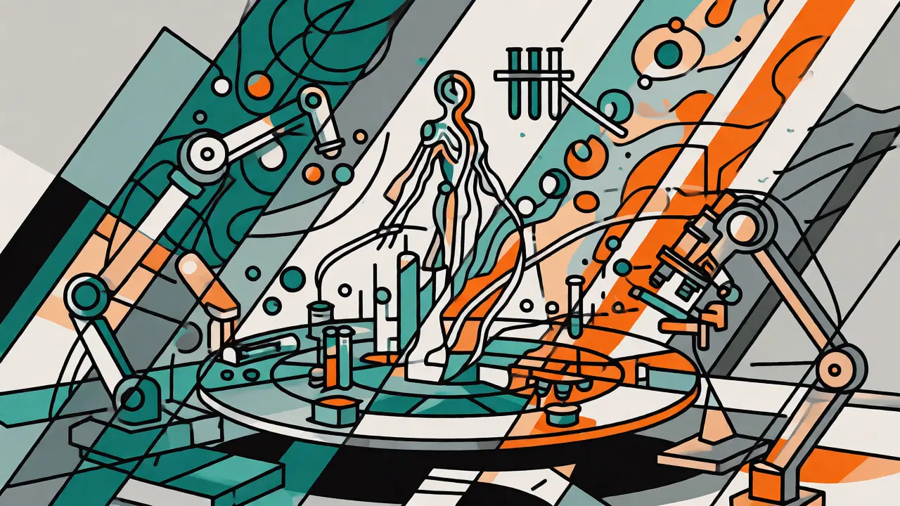 Abstract representation of agentic AI controlling robotic lab equipment.
