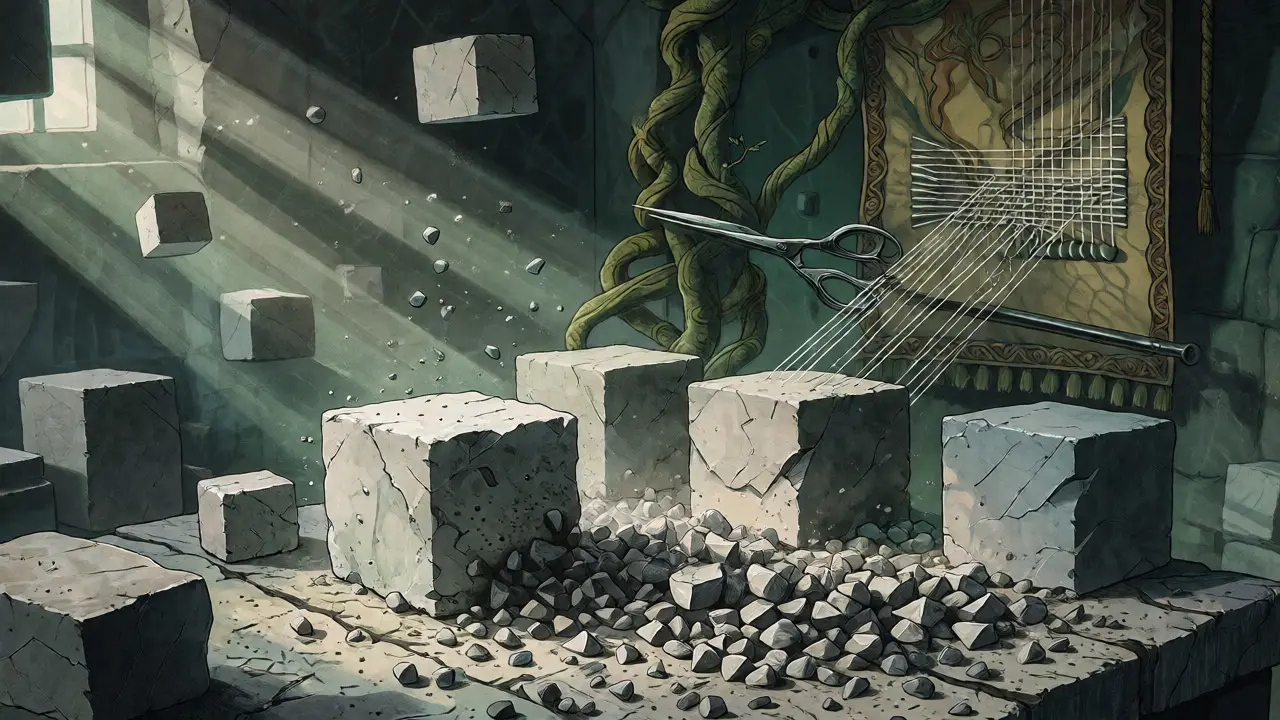 Alchemical scene showing cubes shrinking, vines pruning, and threads unraveling.