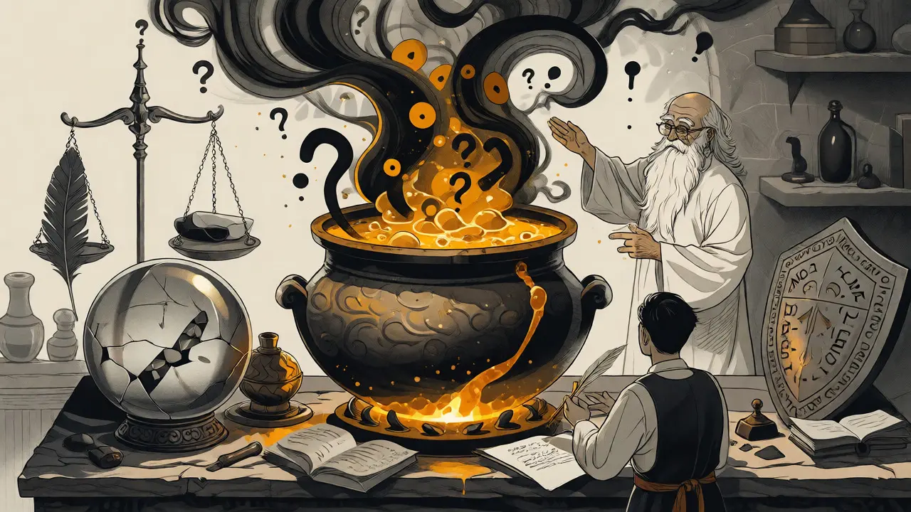 Alchemist mixing code and bugs in a Willy Pogány illustration