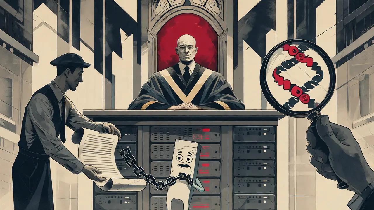 Art Deco courtroom scene depicting legal ownership of AI-generated code