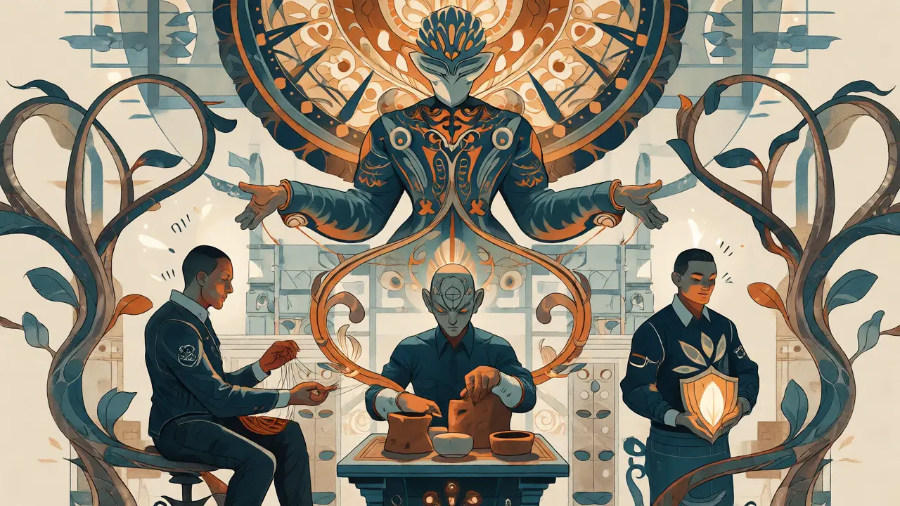 Artistic depiction of a manager agent coordinating specialized sub-agents in a network.