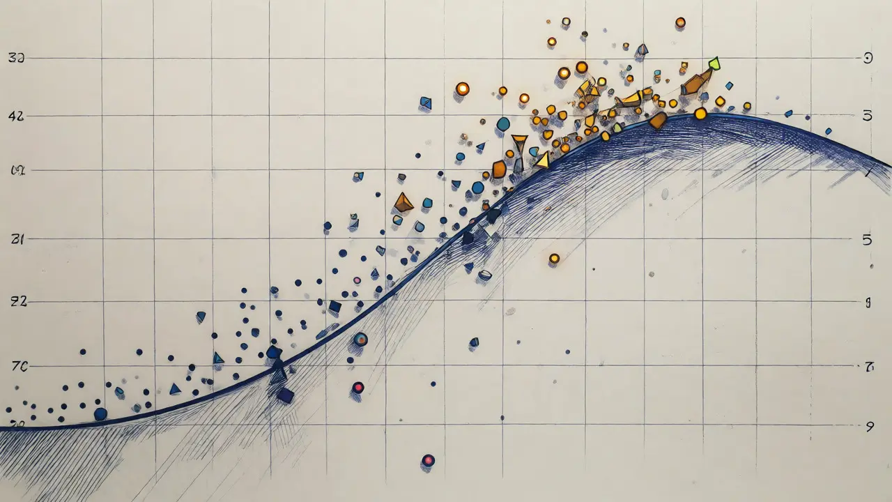 Artistic depiction of a Pareto frontier curve separating efficient and inefficient data points.