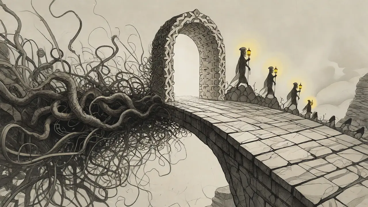 Bridge transitioning from tangled roots to ordered stone paths.