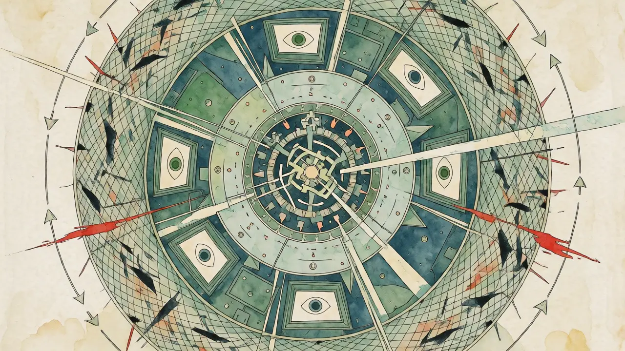 Circular mandala-style illustration depicting layered AI defenses and continuous security testing loops.