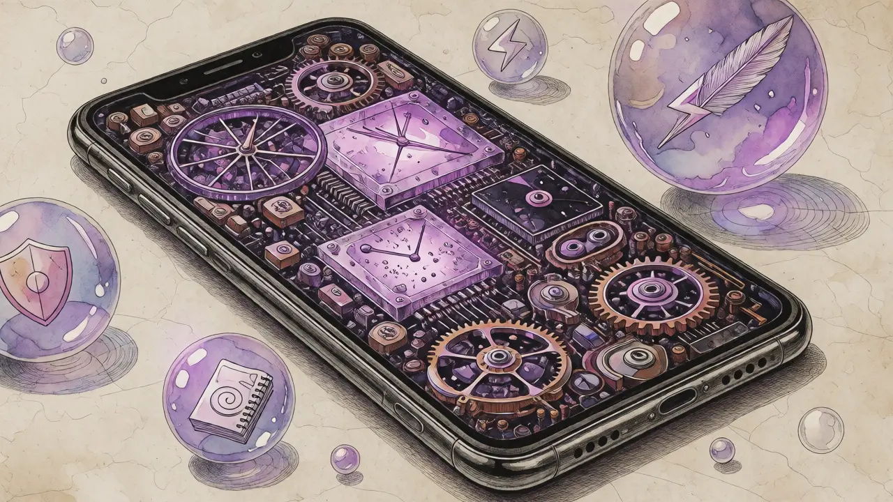Cutaway view of a smartphone revealing intricate clockwork internals representing local processing.