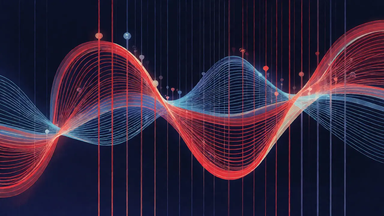 Detailed illustration of parallel coordinates with colorful ribbons connecting vertical axes.