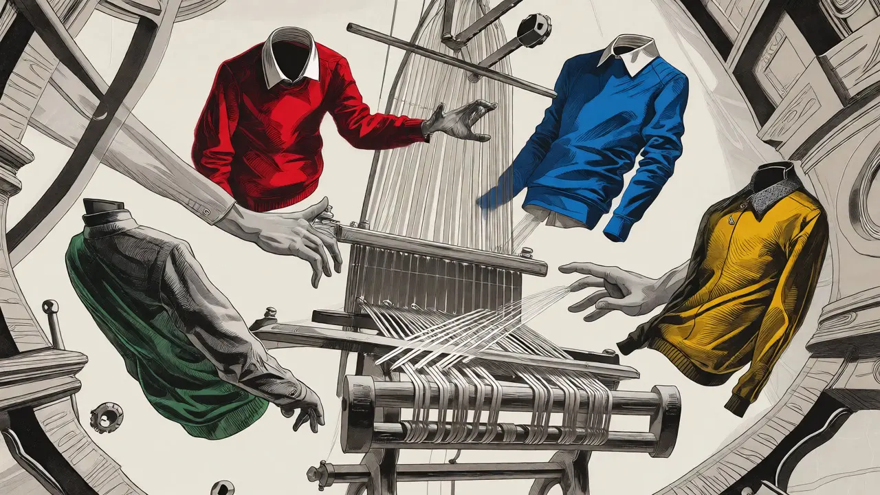 Detailed ink drawing of a digital loom weaving colorful garment variants amidst abstract studio elements.