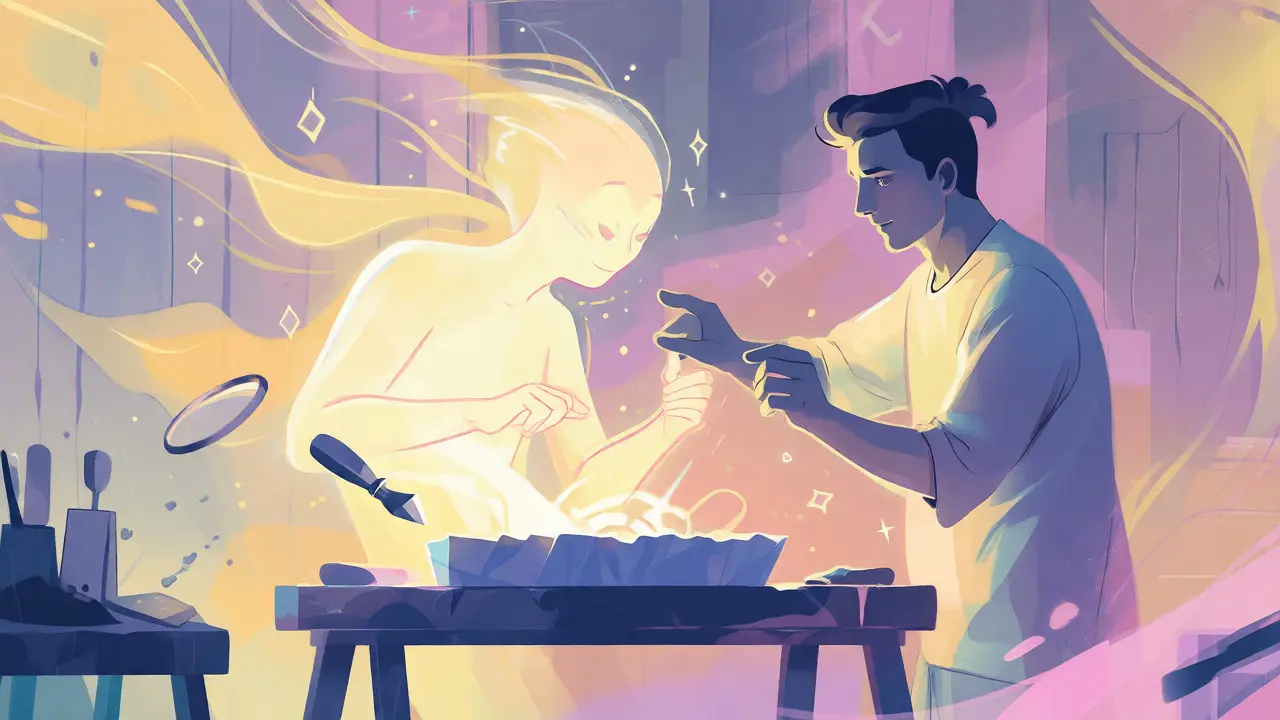 Dreamlike scene of a developer guiding an AI spirit to refine code through simple, iterative steps.