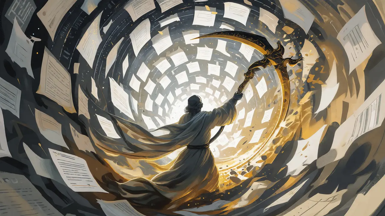 Figure using a light scythe to prune a chaotic vortex of data tokens