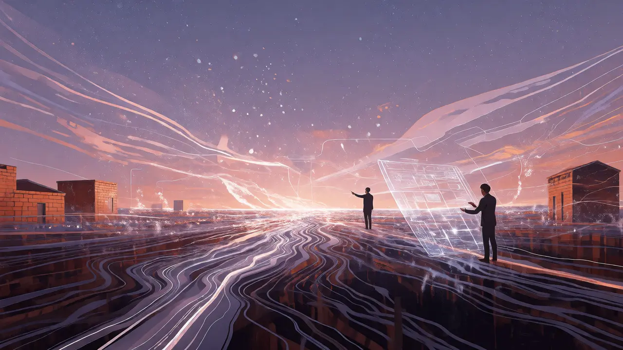 Figures interacting with light-based interfaces in a surreal landscape